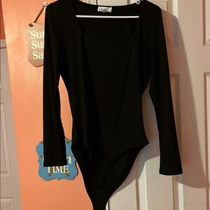 Kaileigh Black Asymmetrical Fitted Bodysuit